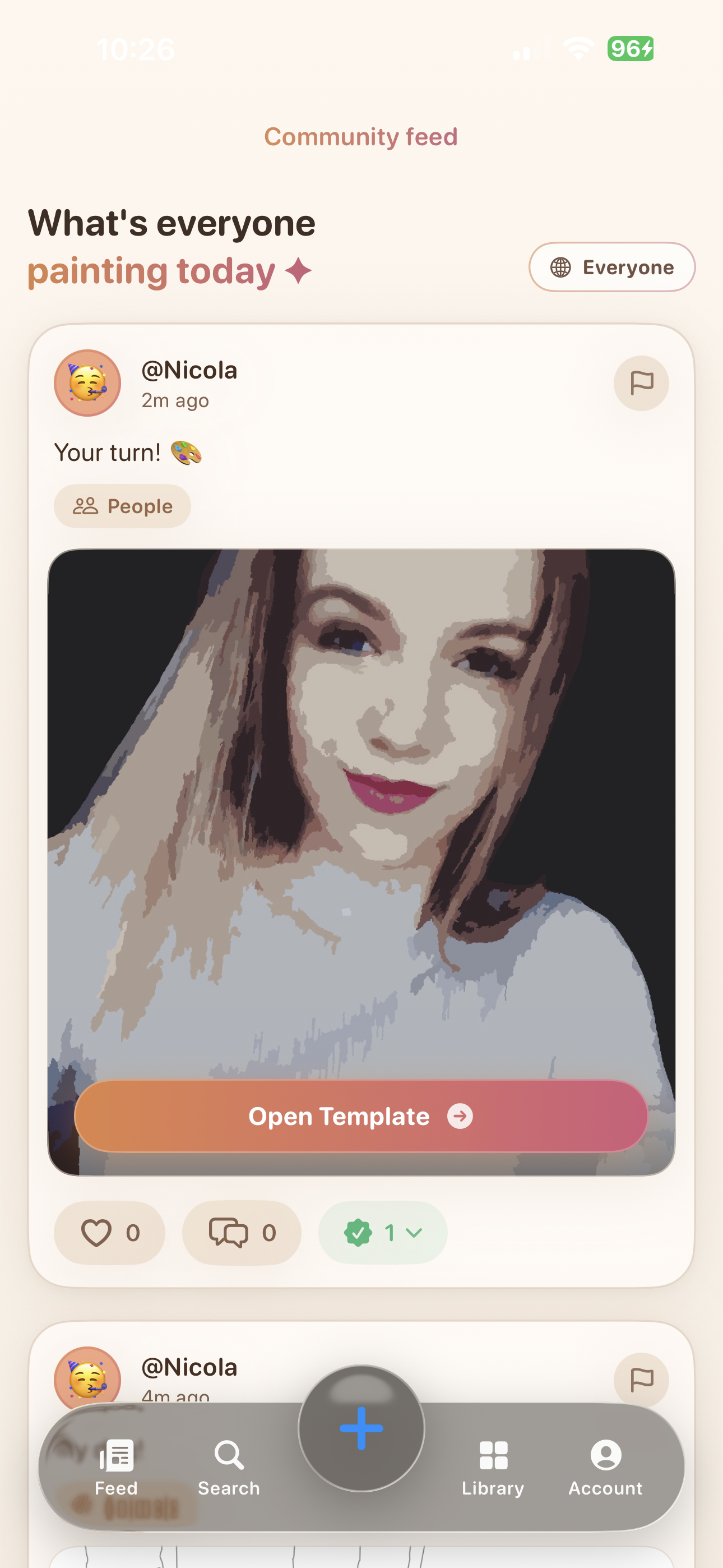 Nicola's Number Canvas paint by numbers app showing a completed social feed post